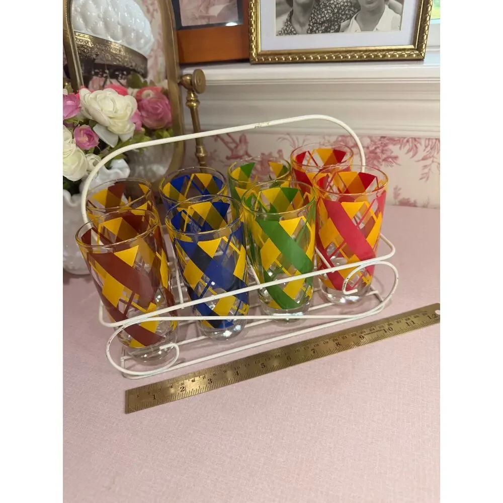 Vintage set of 8 midcentury glasses‎ cups multicolor argyle w/ wire holder caddy